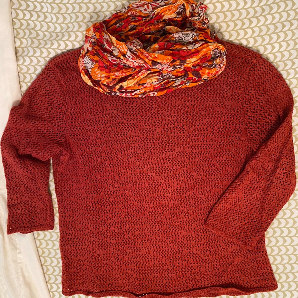 Burnt orange open weave cotton sweater with free matching scarf